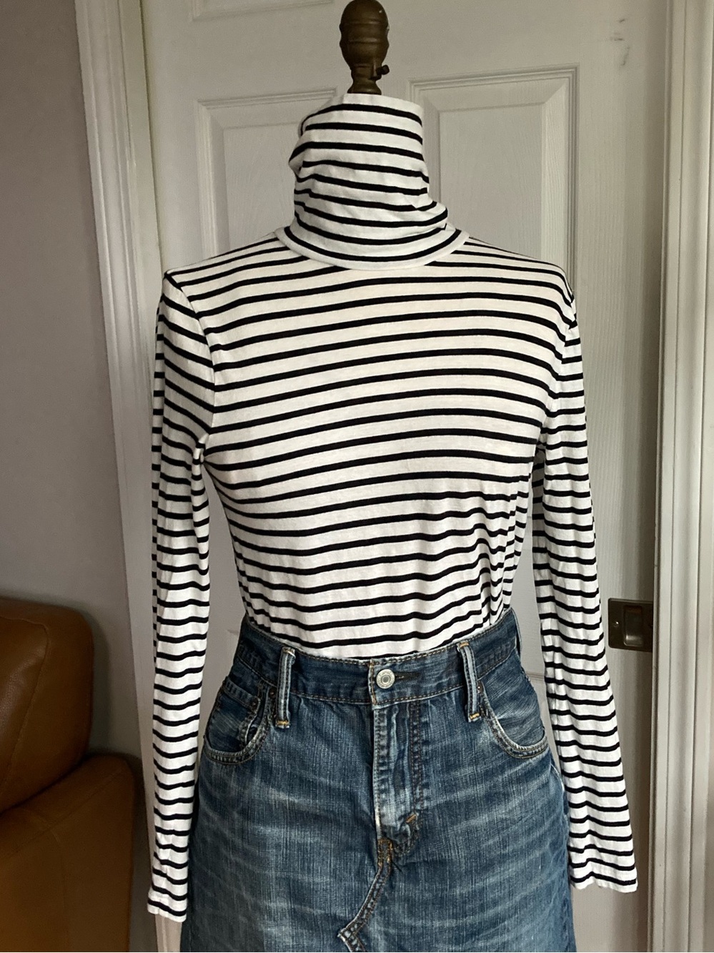 J. Crew Black & White Striped Turtleneck Long-Sleeve Top